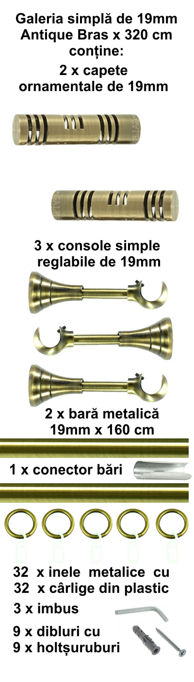 Galerie Metalică Elis, simplă, clasică, cu inele, 19mm, antique brass (auriu antic)