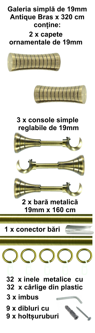 Galerie Metalică Febris, simplă, clasică, cu inele, 19mm, antique brass (auriu antic)