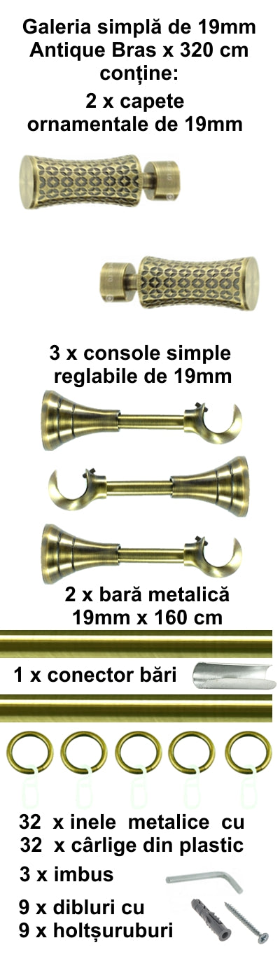 Galerie Metalică Jaris, simplă, clasică, cu inele, 19mm, antique brass (auriu antic)
