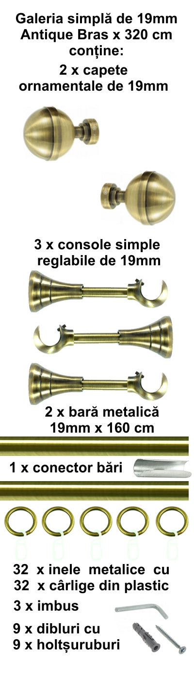 Galerie Metalică Kalisto, simplă, clasică, cu inele, 19mm, antique brass (auriu antic)