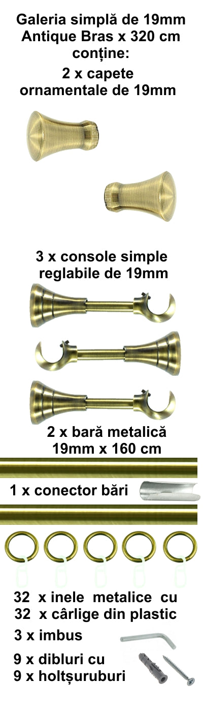 Galerie Metalică Monaco, simplă, clasică, cu inele, 19mm, antique brass (auriu antic)