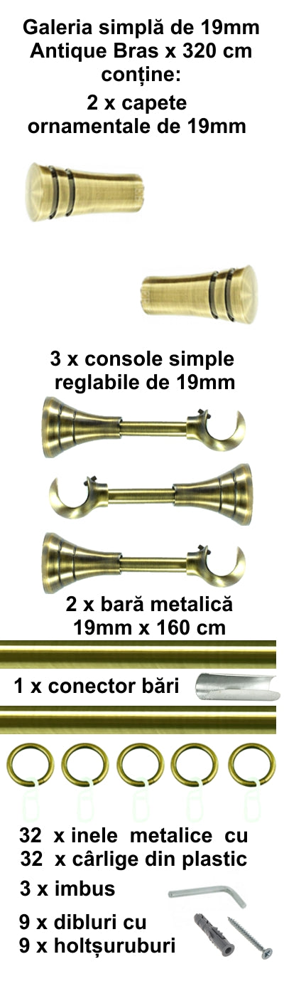 Galerie Metalică Paola, simplă, clasică, cu inele, 19mm, antique brass (auriu antic)