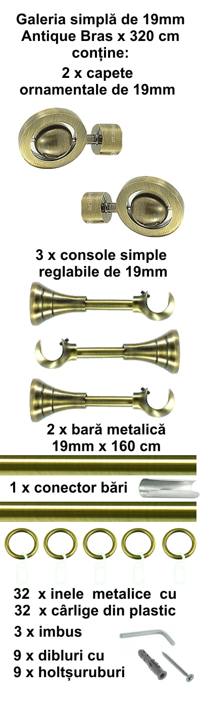 Galerie Metalică Seti, simplă, clasică, cu inele, 19mm, antique brass (auriu antic)