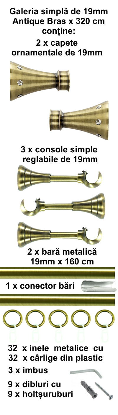 Galerie Metalică Sigma, simplă, clasică, cu inele, 19mm, antique brass (auriu antic)
