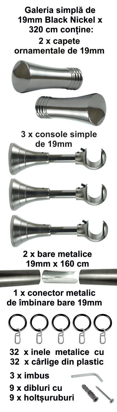 Galerie Metalică Ahile, simplă, clasică, cu inele, 19mm, Black Nickel