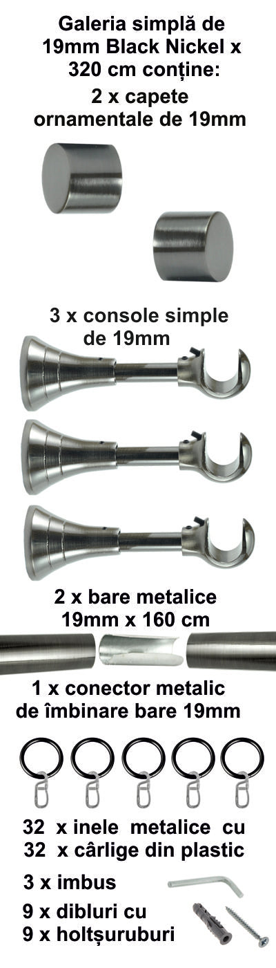 Galerie metalica Luna simpla 19mm x 3.2m Black Nickel