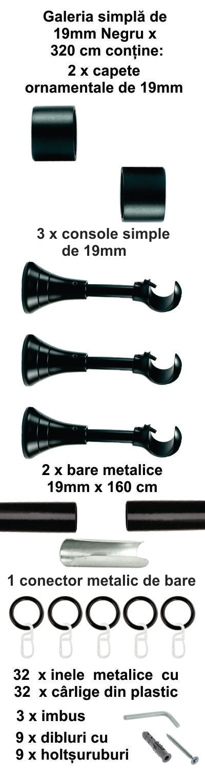 Galerie Metalică Luna, simplă, clasică, cu inele, 19mm, Negru