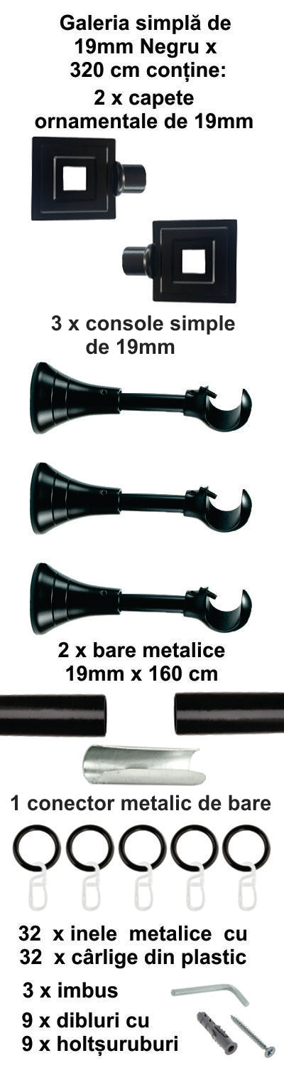 Galerie Metalică Square, simplă, clasică, cu inele, 19mm, Negru