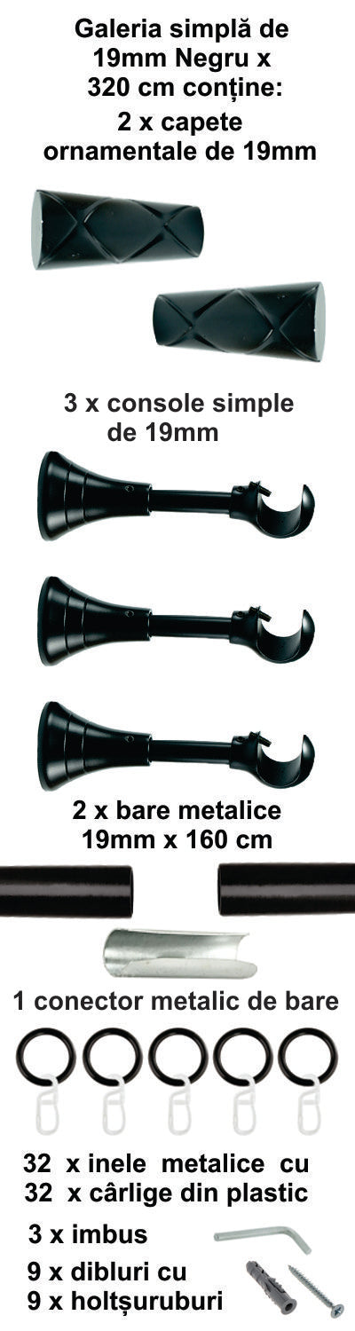 Galerie Metalică Zeus, simplă, clasică, cu inele, 19mm, Negru
