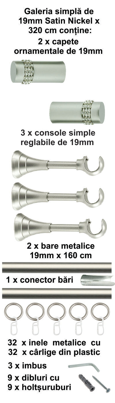 Galerie Metalică Dios, simplă, clasică, cu inele, 19mm, satin nichel (argintiu mat)