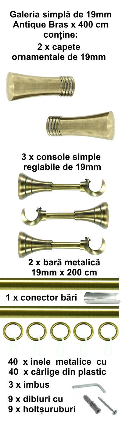 Galerie Metalică Ahile, simplă, clasică, cu inele, 19mm, antique brass (auriu antic)