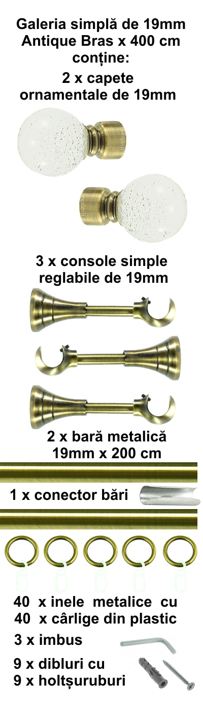 Galerie Metalică Buble, simplă, clasică, cu inele, 19mm, antique brass (auriu antic)