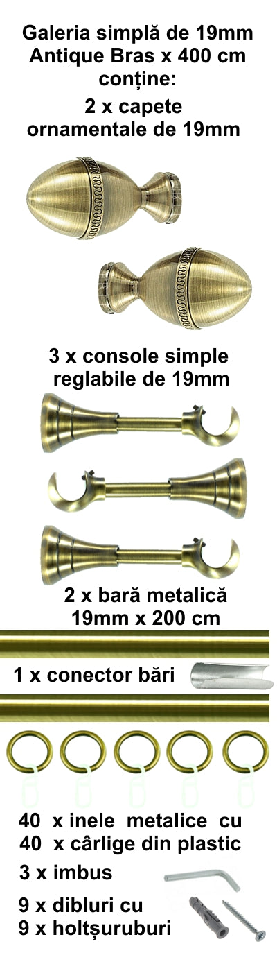 Galerie Metalică Cezar, simplă, clasică, cu inele, 19mm, antique brass (auriu antic)