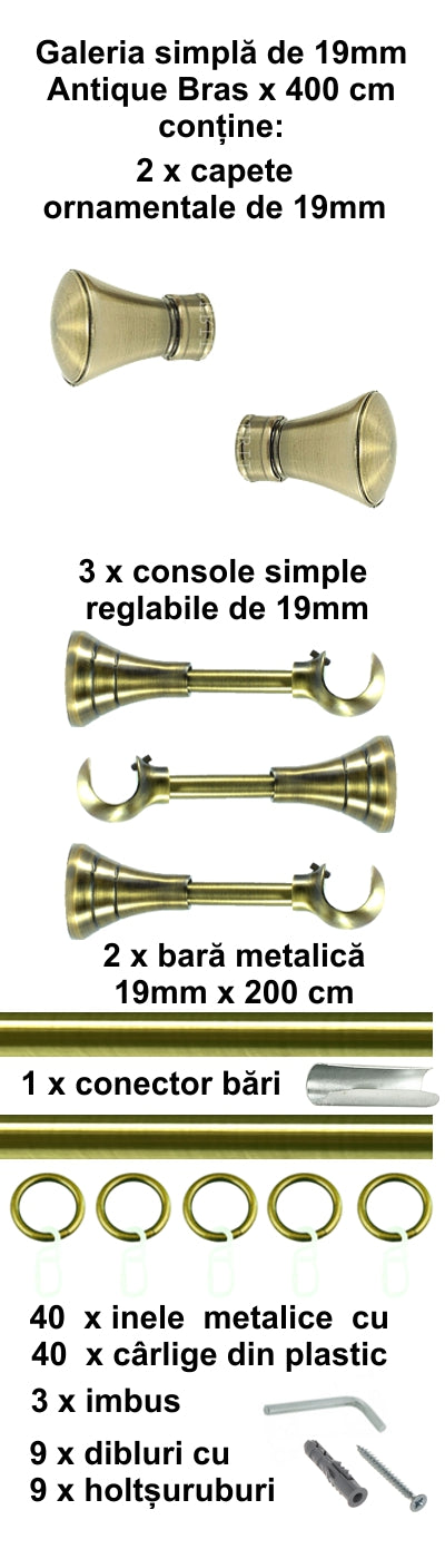 Galerie Metalică Conic, simplă, clasică, cu inele, 19mm, antique brass (auriu antic)