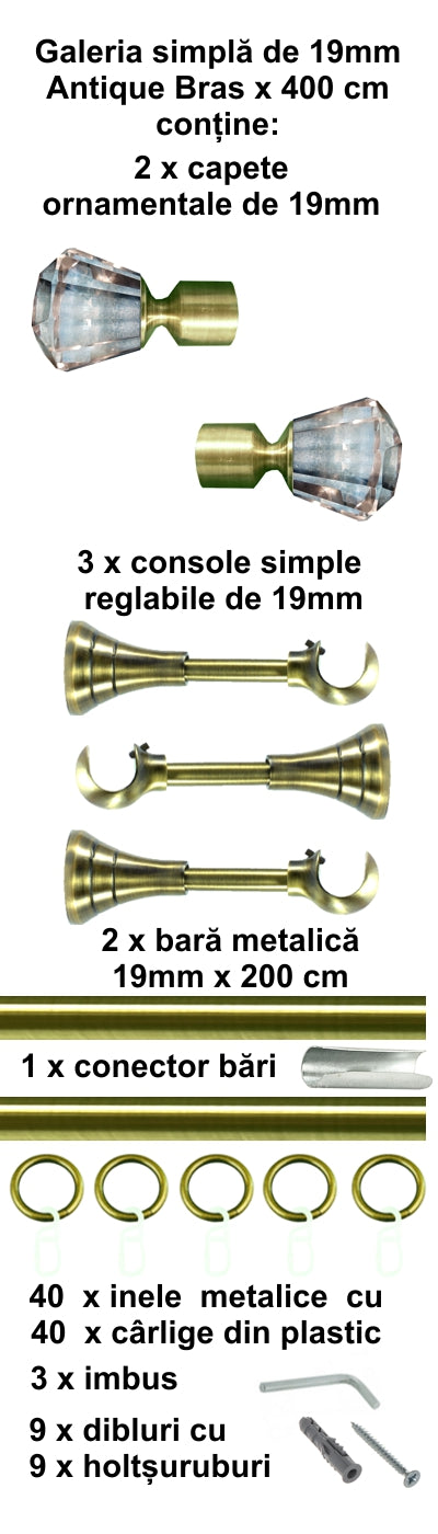 Galerie metalica Cristal simpla moderna 19mm x 3.2m, antique brass (auriu antic)