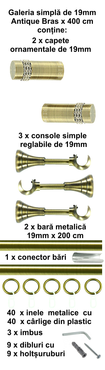 Galerie Metalică Dios, simplă, clasică, cu inele, 19mm, antique brass (auriu antic)