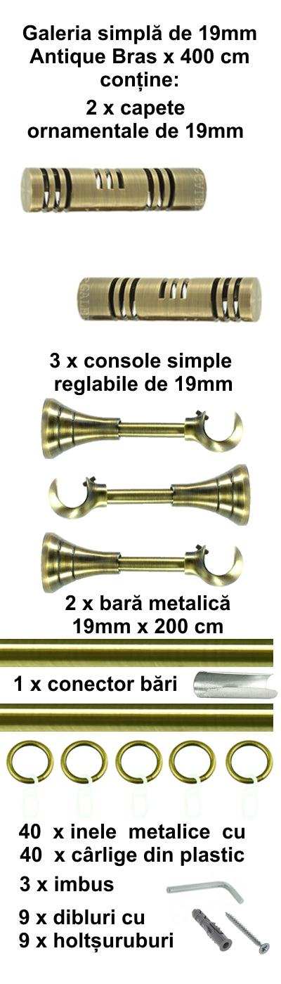 Galerie Metalică Elis, simplă, clasică, cu inele, 19mm, antique brass (auriu antic)