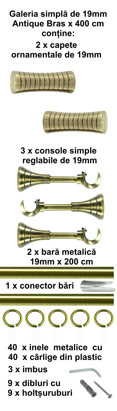 Galerie Metalică Febris, simplă, clasică, cu inele, 19mm, antique brass (auriu antic)