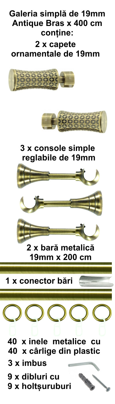 Galerie Metalică Jaris, simplă, clasică, cu inele, 19mm, antique brass (auriu antic)