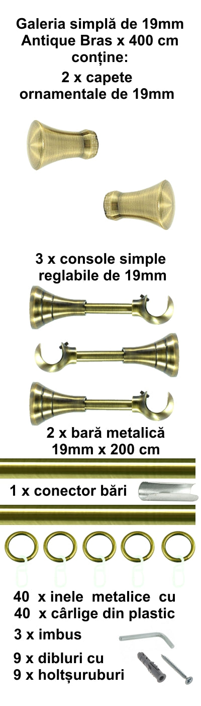 Galerie Metalică Monaco, simplă, clasică, cu inele, 19mm, antique brass (auriu antic)