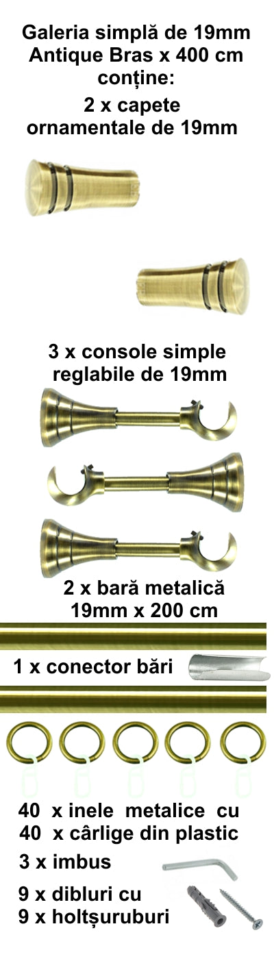 Galerie Metalică Paola, simplă, clasică, cu inele, 19mm, antique brass (auriu antic)