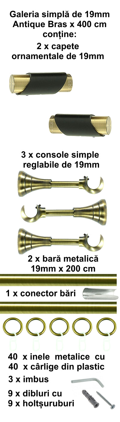 Galerie Metalică Paris, simplă, clasică, cu inele, 19mm, antique brass (auriu antic)