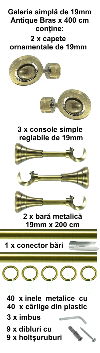 Galerie Metalică Seti, simplă, clasică, cu inele, 19mm, antique brass (auriu antic)
