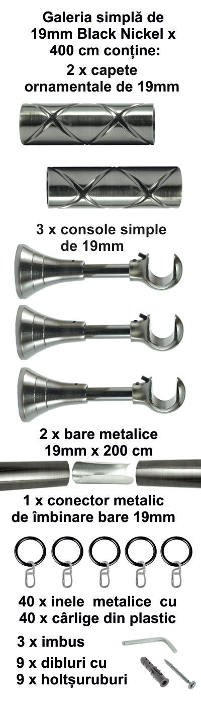 Galerie Metalică Ciel, simplă, clasică, cu inele, 19mm, Black Nickel