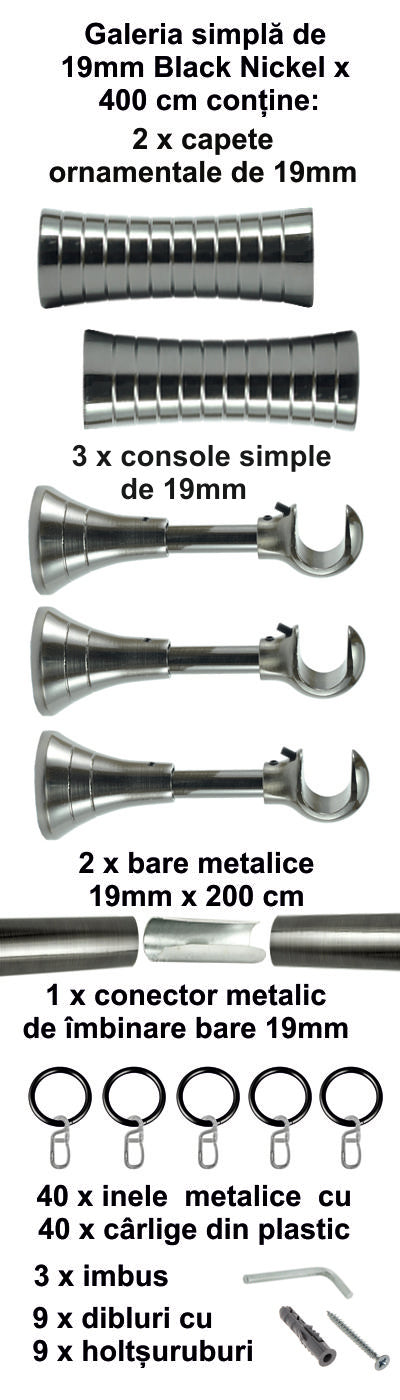 Galerie Metalică Febris, simplă, clasică, cu inele, 19mm, Black Nickel