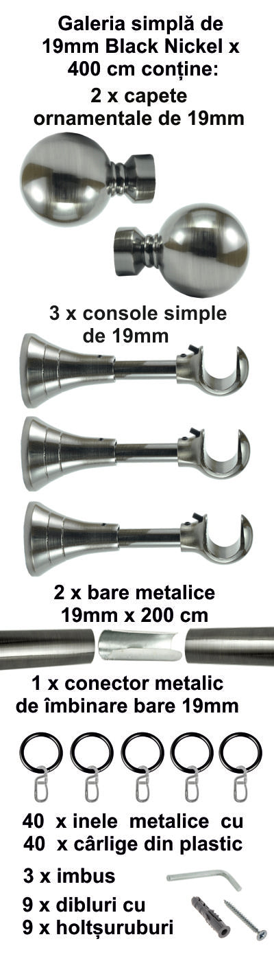 Galerie Metalică Kalisto, simplă, clasică, cu inele, 19mm, Black Nickel