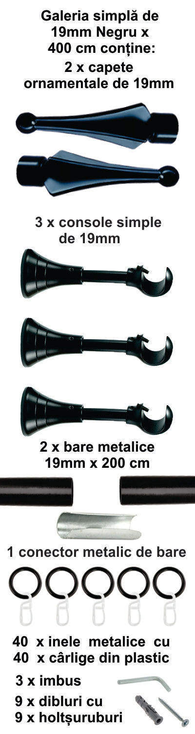 Galerie Metalică Robin, simplă, clasică, cu inele, 19mm, Negru