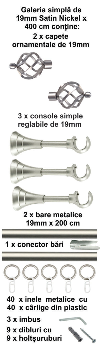 Galerie metalica Torso simpla 19mm x 4.0m, satin nichel (argintiu mat)