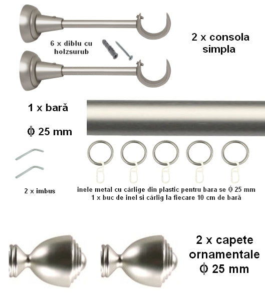 Galerie Metalică AVANTI, simplă, clasică, cu inele, 25mm, satin nichel (argintiu mat)
