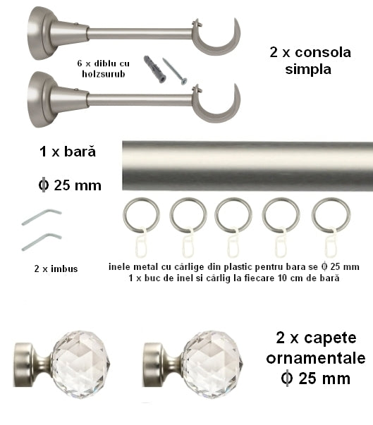 Galerie Metalică CRISTAL, simplă, clasică, cu inele, 25mm, satin nichel (argintiu mat)