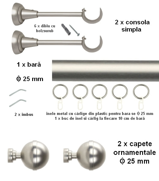 Galerie Metalică KALISTO, simplă, clasică, cu inele, 25mm, satin nichel (argintiu mat)