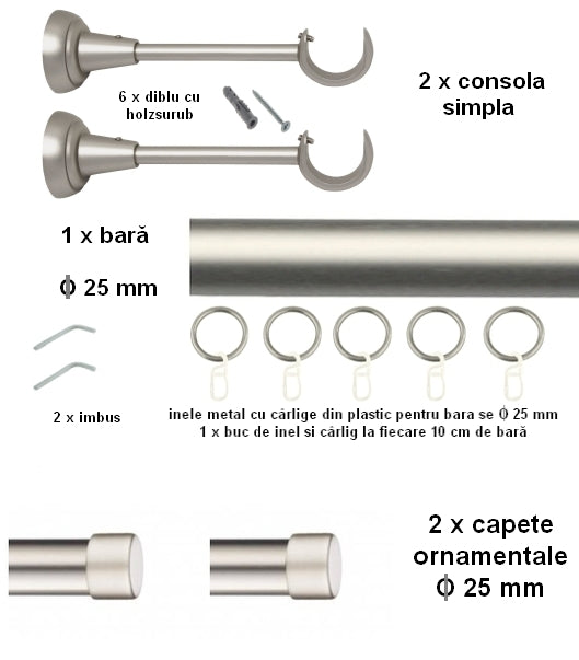 Galerie Metalică Luna, simplă, clasică, cu inele, 25mm, satin nichel (argintiu mat)