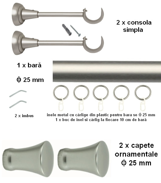 Galerie Metalică MONACO, simplă, clasică, cu inele, 25mm, satin nichel (argintiu mat)