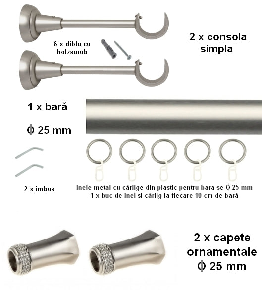 Galerie Metalică MONTANA, simplă, clasică, cu inele, 25mm, satin nichel (argintiu mat)