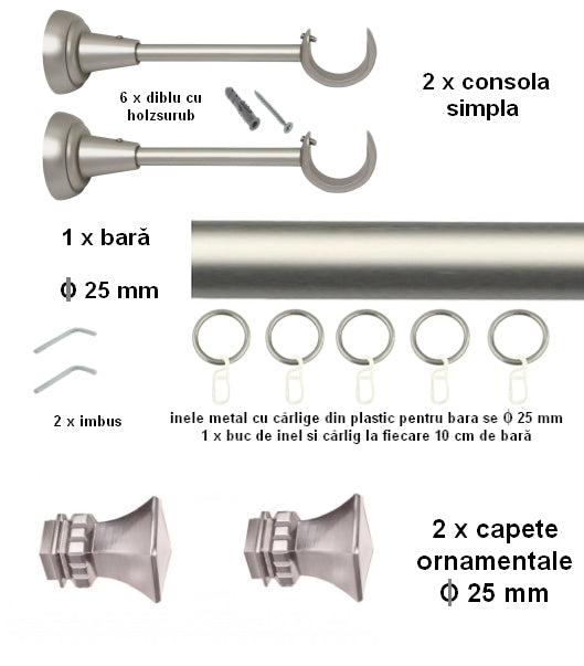 Galerie metalica ODEON simpla 25mm x 3.0m, satin nichel(argintiu mat)