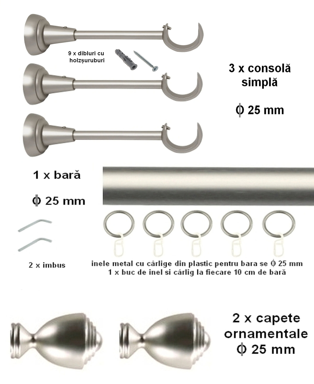 Galerie Metalică AVANTI, simplă, clasică, cu inele, 25mm, satin nichel (argintiu mat)
