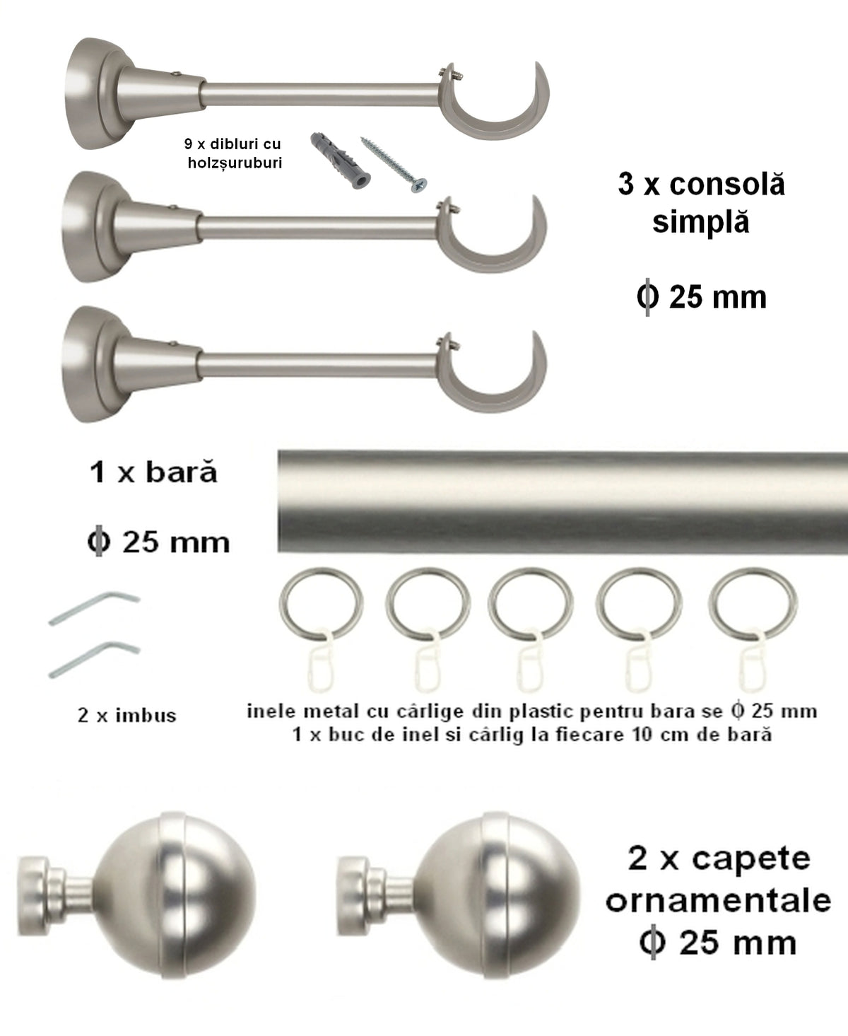 Galerie Metalică KALISTO, simplă, clasică, cu inele, 25mm, satin nichel (argintiu mat)