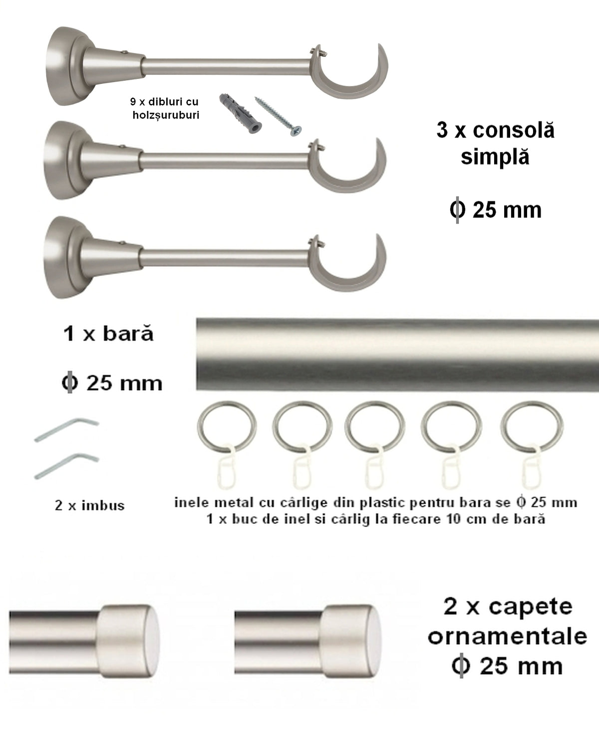 Galerie Metalică Luna, simplă, clasică, cu inele, 25mm, satin nichel (argintiu mat)