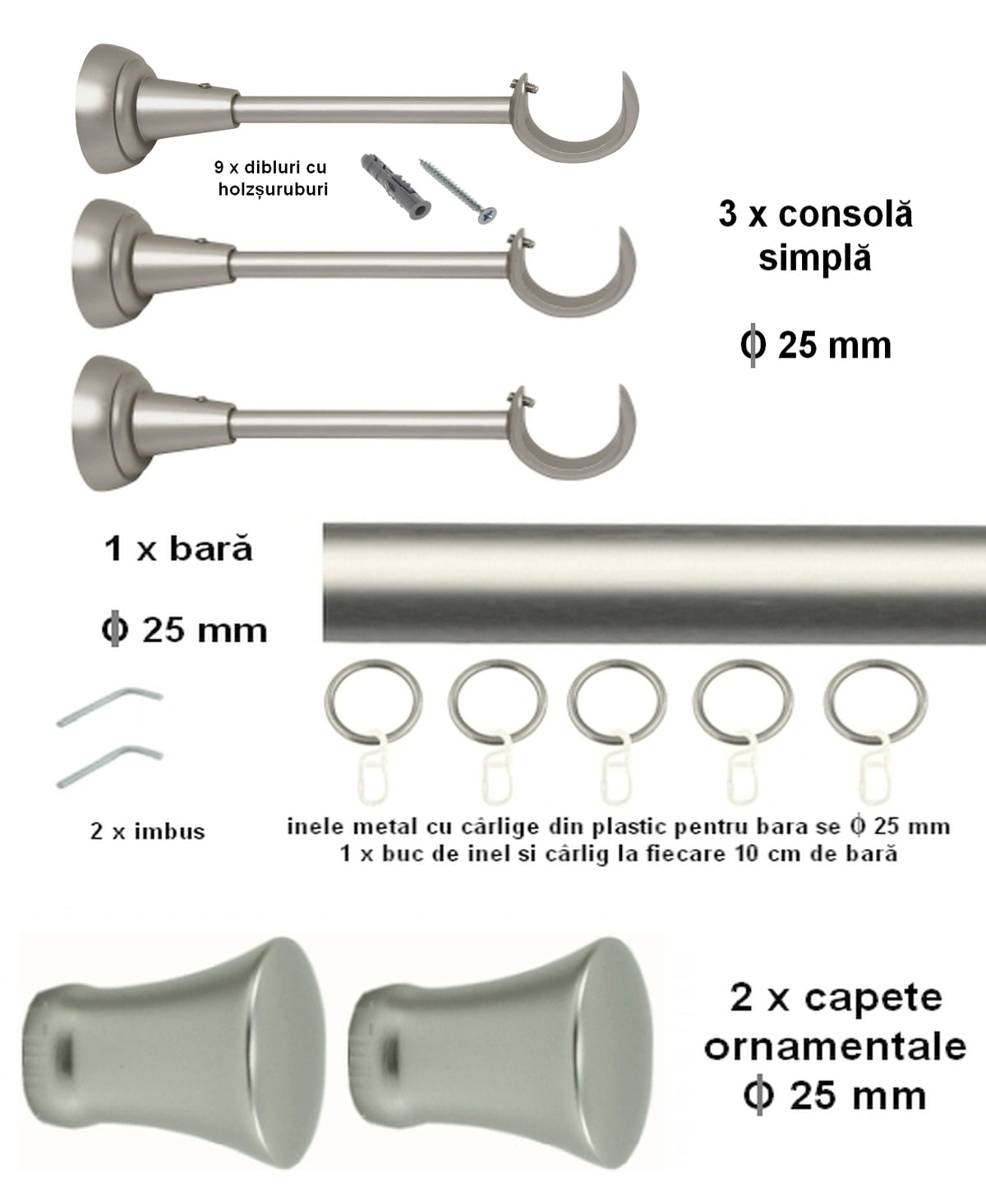 Galerie Metalică MONACO, simplă, clasică, cu inele, 25mm, satin nichel (argintiu mat)