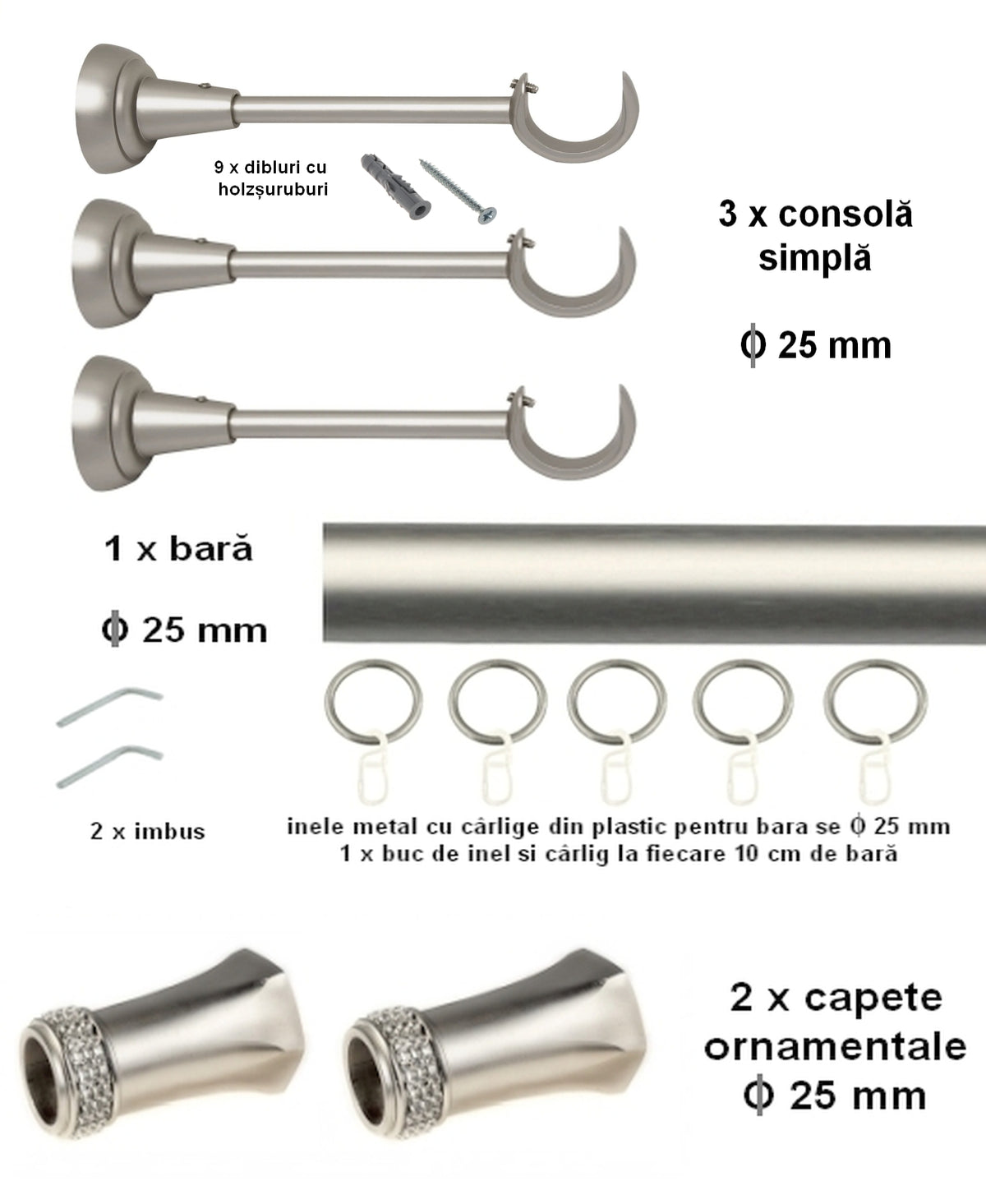 Galerie Metalică MONTANA, simplă, clasică, cu inele, 25mm, satin nichel (argintiu mat)
